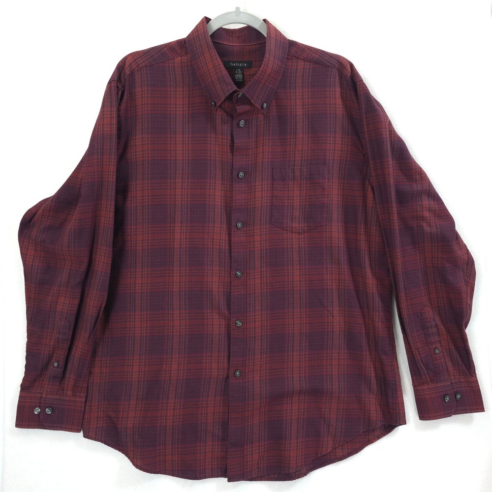 Van Heusen Button Down Plaid Shirt Burgundy Mens L Classic Preppy Office Fall